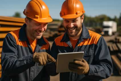 happy workers with tablet